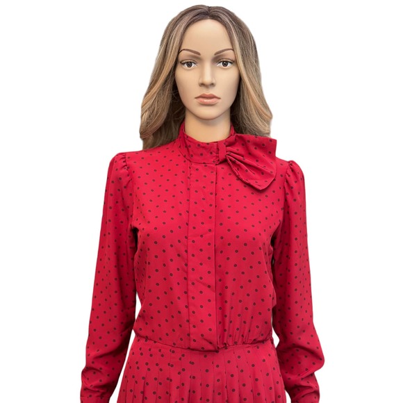 SOLD Vintage 70s 80s Albert Nipon Midi Shirt Dress Red polkadot pleated small - Picture 7 of 16